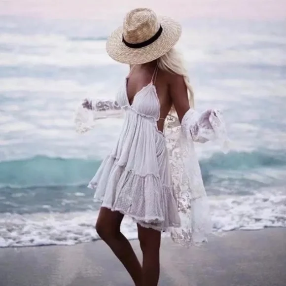 SOLD OUT Ivory Swiss Dot Mesh Boho Halter Mini Dress - Picture 3 of 6